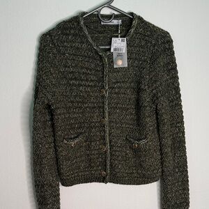 Mango Lurex Chunky Knit Cardigan Green Metallic Button Front Size S NWT